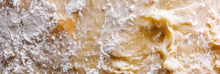 Obraz premium Kneading dough with flour on a wooden surface during a home baking session in a cozy kitchen