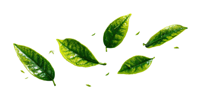 Vibrant green tea leaves, scattered and slightly outlined, against a black background
