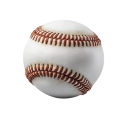 Close-up of a vintage-looking baseball.  Stitching is a light brownish-red on a slightly off-white sphere.  Surface appears worn