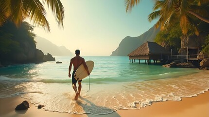 Surfer walks into clear turquoise ocean on a stunning tropical beach with palm trees and overwater bungalows, an idyllic scene for a sunny paradise vacation