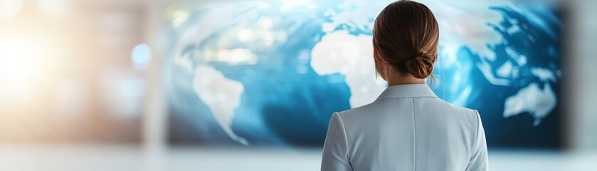 Woman Gazing at World Map Display, Business , Global