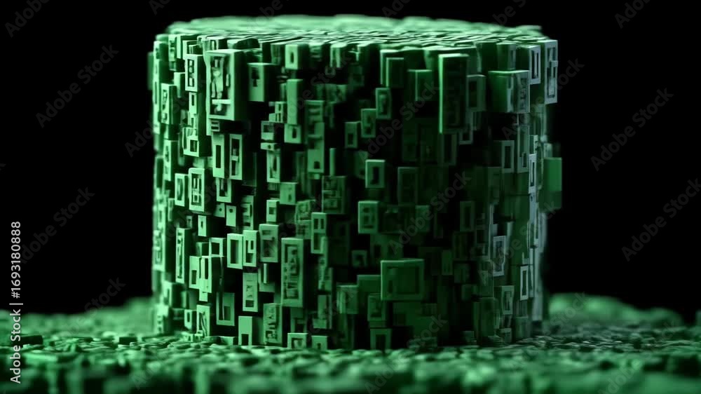 Poster cylindrical structures composition with complex geometric pattern and green colors aesthetic