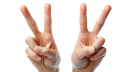 Two hands making the peace sign gesture against a black background