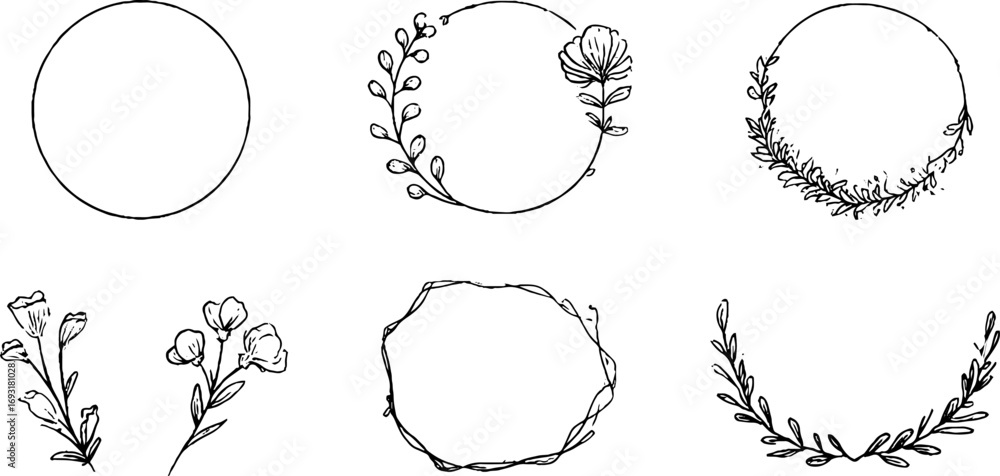 Poster minimalist line art circle and border frames with botanical elements for design