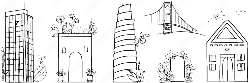 Poster minimalist line art collection of architectural structures with floral elements for design and decor