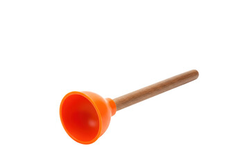Isolated orange rubber plunger with wooden handle for plumbing problems and unclogging sinks