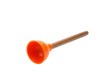 Isolated orange rubber plunger with wooden handle for plumbing problems and unclogging sinks