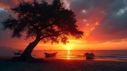 Breathtaking tropical sunset on a serene beach with a silhouetted tree and fishing boats. Vibrant orange and red sky over calm ocean waters, perfect for peaceful relaxation and travel.