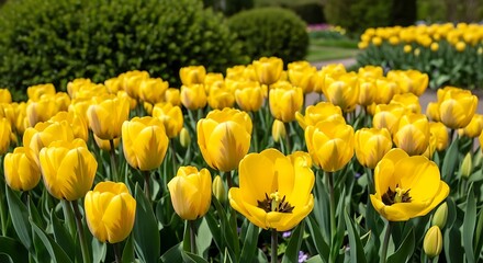Vibrant Yellow Tulips Blooming in a Lush Garden.