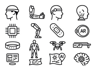 Futuristic technology linear icon set. featuring vr, ai, prosthetics, drones, microchip, and ar symbols.