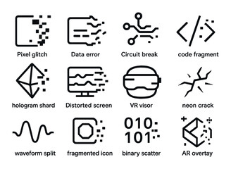 Technology glitch linear icon set. featuring pixel glitch, data error, circuit break, code fragment, and more.