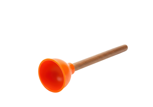 Isolated orange rubber plunger with wooden handle for plumbing problems and unclogging sinks