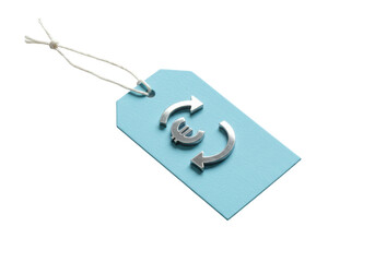 Isolated turquoise price tag with euro symbol and circular arrow shapes for exchange, refund concept