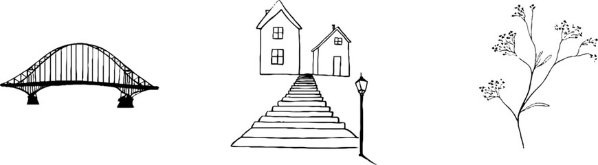 Minimalist line art of house silhouette with bridge and streetlamp for aesthetic design