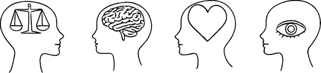 Obraz premium Minimalist line art of human head outlines with brain and eye illustrations for design