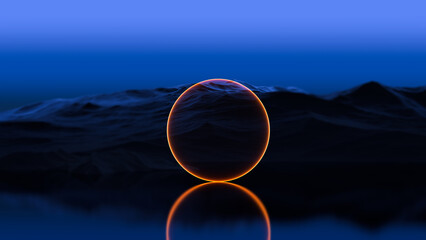 A glowing orange circle on the surface of the water on the horizon of the mountains, Sci-Fi futuristic abstract landscape, wallpaper. 3D render