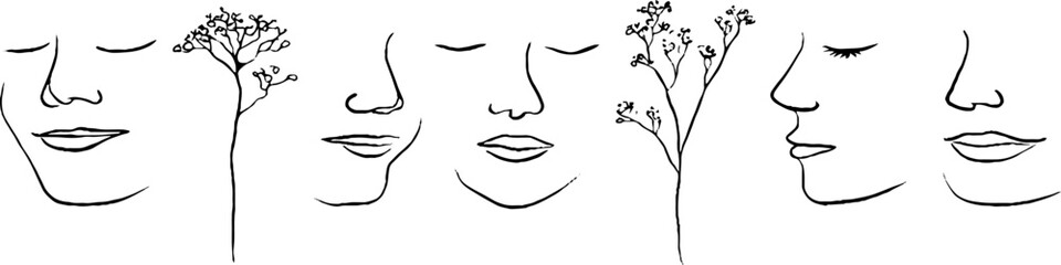 Minimalist line art of joyful and sad faces with floral accents for aesthetic decor