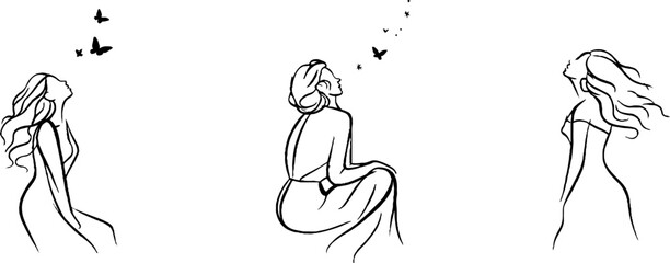 Fototapeta premium Minimalist line art of joyful women dancing with butterflies – aesthetic design for prints and posters