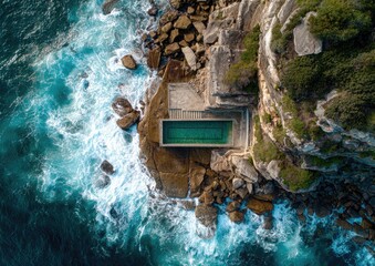 Aerial view of a secluded pool nestled amongst rocky cliffs