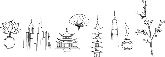 Minimalist line art collection featuring lotus flower mandala and cultural elements for bohemian designs