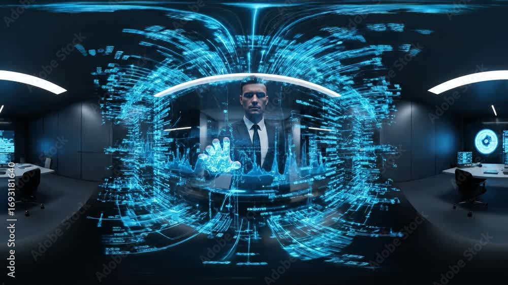 Poster futuristic office digital interface hologram technology business virtual reality data innovation mod