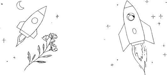 Futuristic minimalist line art featuring rocket, satellite, and robot for aesthetic design