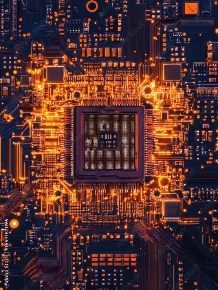 Fototapete abstract close-up of a computer processor surrounded by vibrant circuitry and glowing components in 