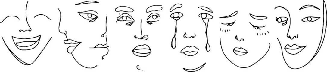 Minimalist line art illustrations of smiling and sad faces for emotional expression design