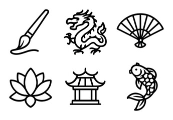 Asian culture linear icon set. featuring brush, dragon, fan, lotus, temple, fish symbols.