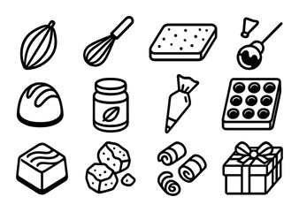 Chocolate making silhouette icon set. cocoa bean, whisk, bar, candy, jar, piping bag, pralines, mold, gift box, truffles.