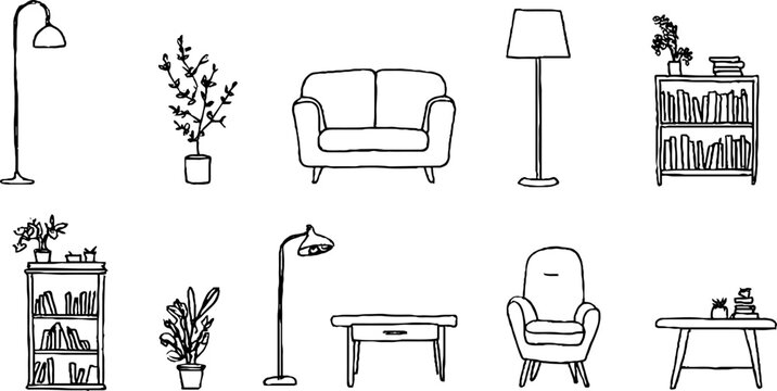 Minimalist line art collection of furniture and decor for interior design and home decor