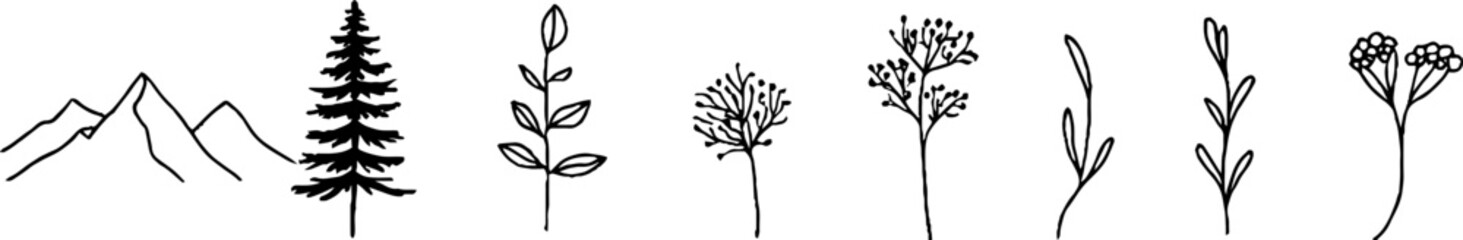 Fototapeta premium Minimalist line art collection featuring stone mountain and leaf designs for aesthetic decor