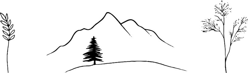 Minimalist line art collection of stone, mountain, and tree elements