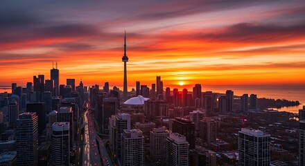 Fototapeta premium Toronto's skyline glows under a vibrant sunset, city lights shimmer with urban beauty at dawn