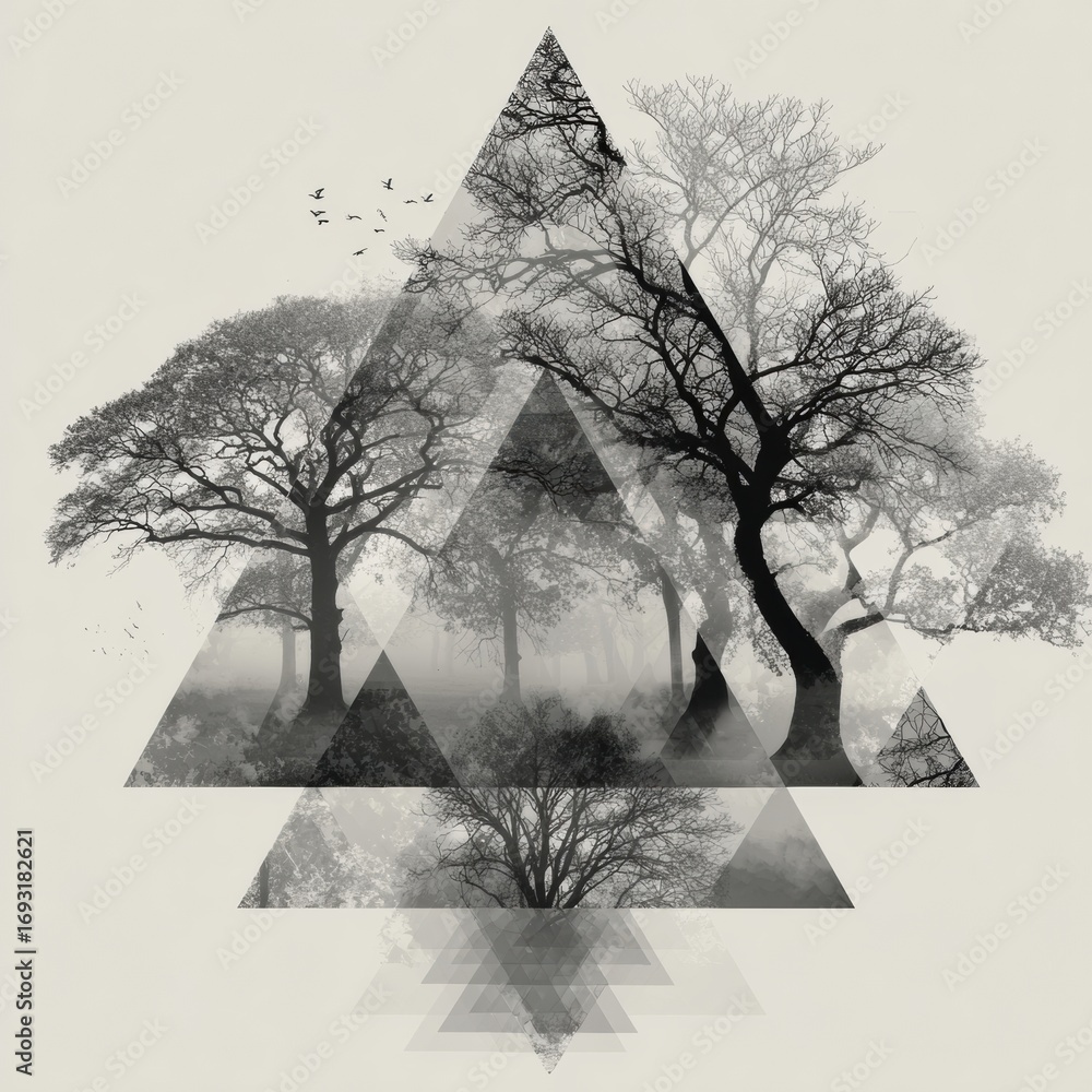 Poster exploring the serene beauty of botulinum therapy in nature with abstract tree patterns and geometric