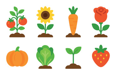 Gardening flat icon set. featuring tomato, sunflower, carrot, rose, pumpkin, lettuce, sprout, strawberry symbols.