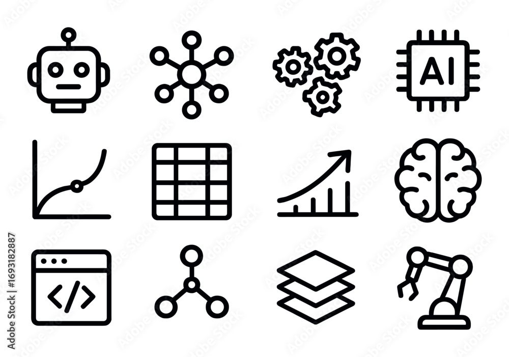 Poster technology linear icons set. featuring ai, neural network, coding, automation, robotics, and data vi