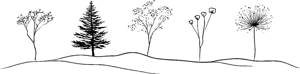 Obraz premium Minimalist line art with ethereal tree and flower silhouettes for elegant decor