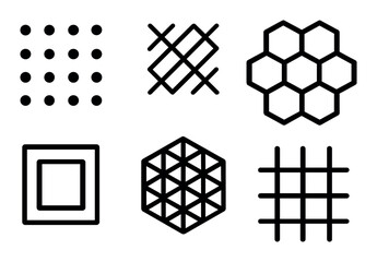 Geometric patterns silhouette icon set. featuring dots, crosshatch, hexagons, squares, lines, grids.