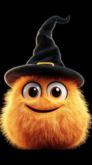 Fototapeta premium Fluffy pumpkin character with big cute eyes and a happy smile, wearing a witch hat, on a solid black background