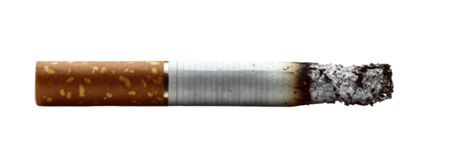 A cigarette, brown and white tobacco, with gray ash
