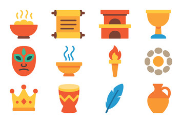 Ancient culture flat icon set. featuring scroll, bowl, mask, drum, feather, and torch symbols.