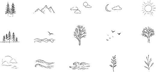 Minimalist line art collection of nature elements with trees, mountains, river, and clouds for bohemian design