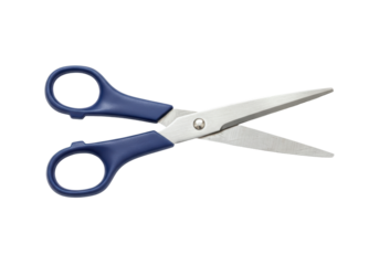 Isolated blue handled scissors tool, sharp blades for cutting paper and crafting supplies