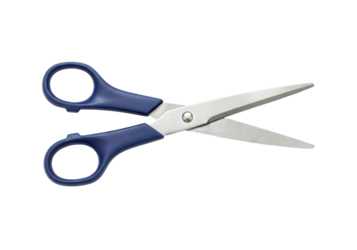 Isolated blue handled scissors tool, sharp blades for cutting paper and crafting supplies