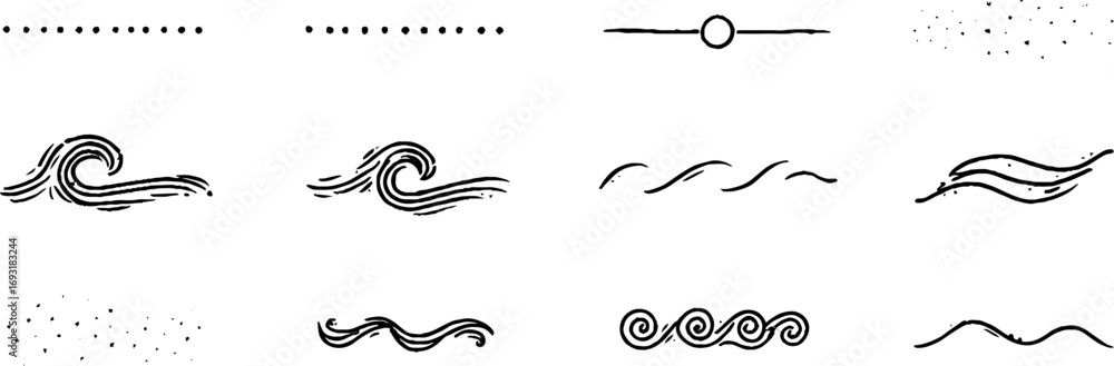 Poster minimalist line art set featuring waves, dots, and zigzag patterns for design projects