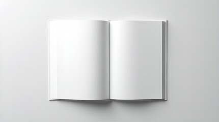 Open blank white book or magazine mockup with empty pages on a clean white background. Top view flat lay for publication design, branding, and copy space template.