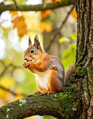 Fototapeta premium Red squirrel on tree branch, autumn