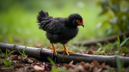 Captivating close-up of an adorable fluffy black chick with striking red eyes and bright yellow legs standing on a bamboo stick in a vibrant green outdoor setting with natural light.