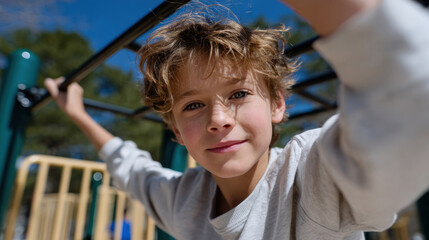 A lively young boy is playfully hanging from the monkey bars in a vibrant playground, embodying the joy of childhood and outdoor play on a sunny day with blue skies.